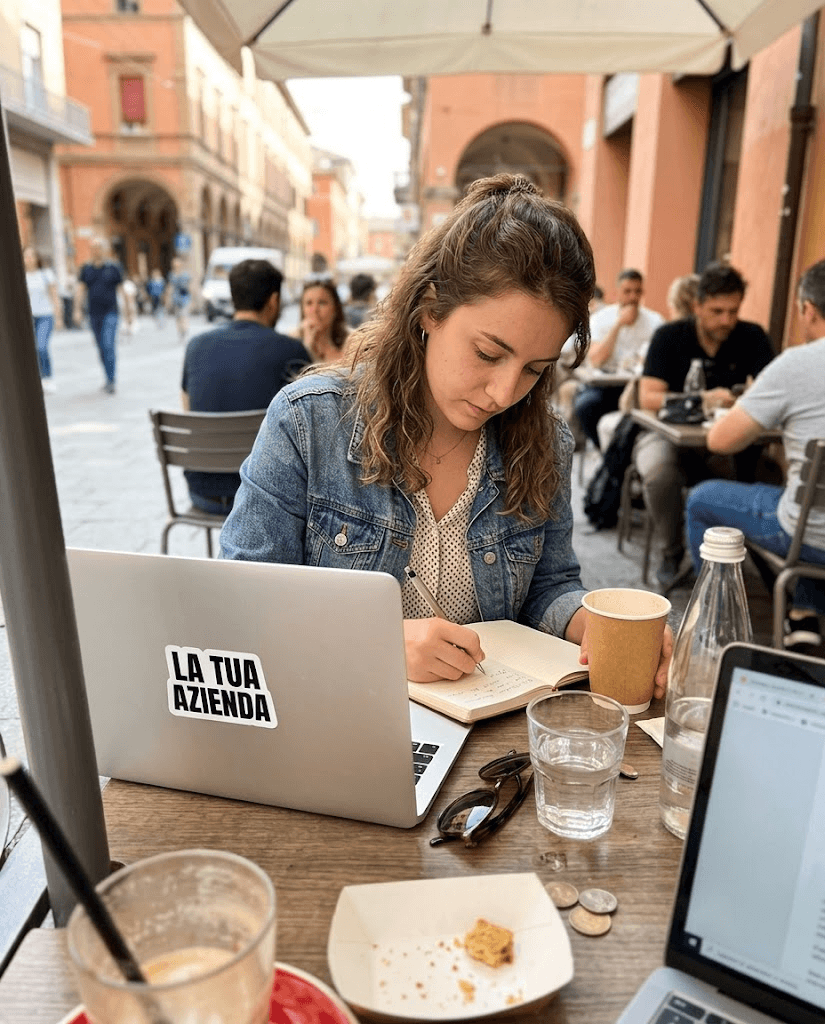Una studentessa lavora al tavolo di un caffè con lo sticker La tua azienda sul laptop