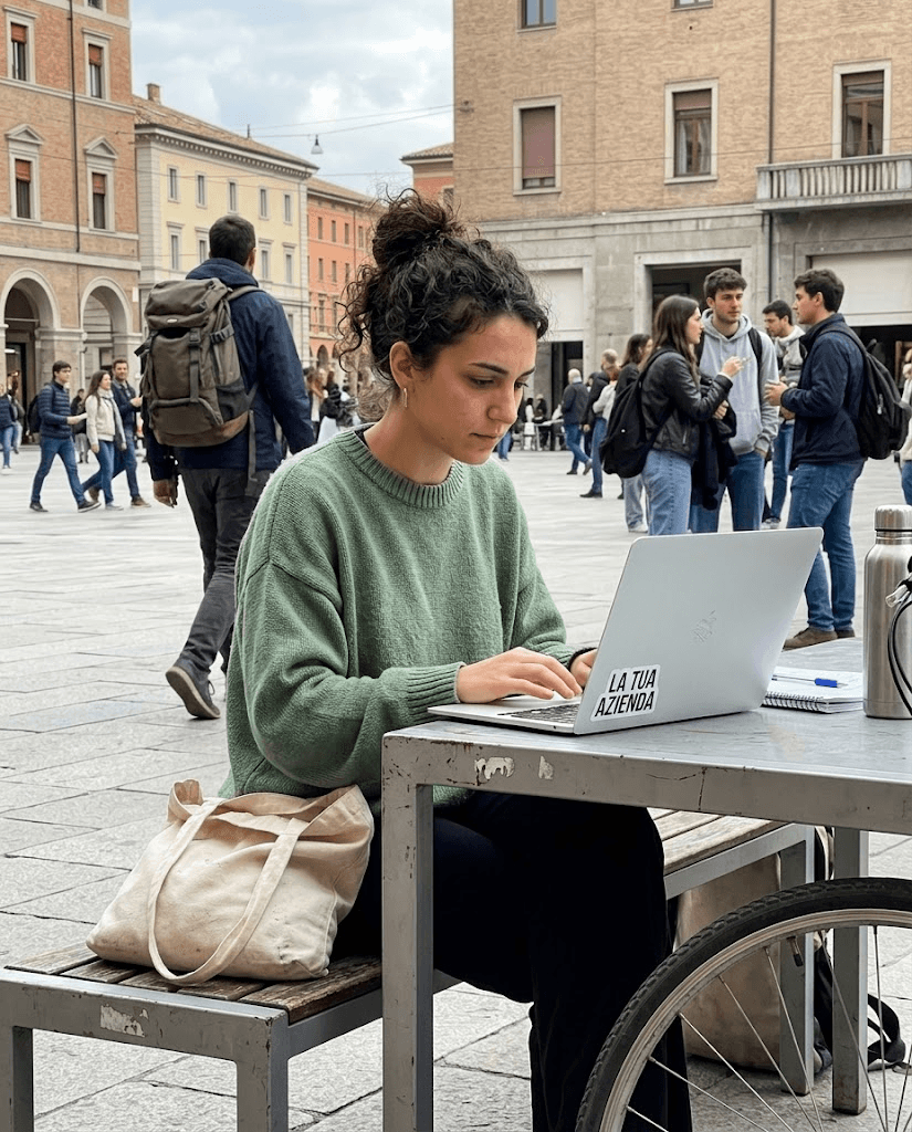 Una studentessa usa il laptop con lo sticker La tua azienda in una piazza frequentata