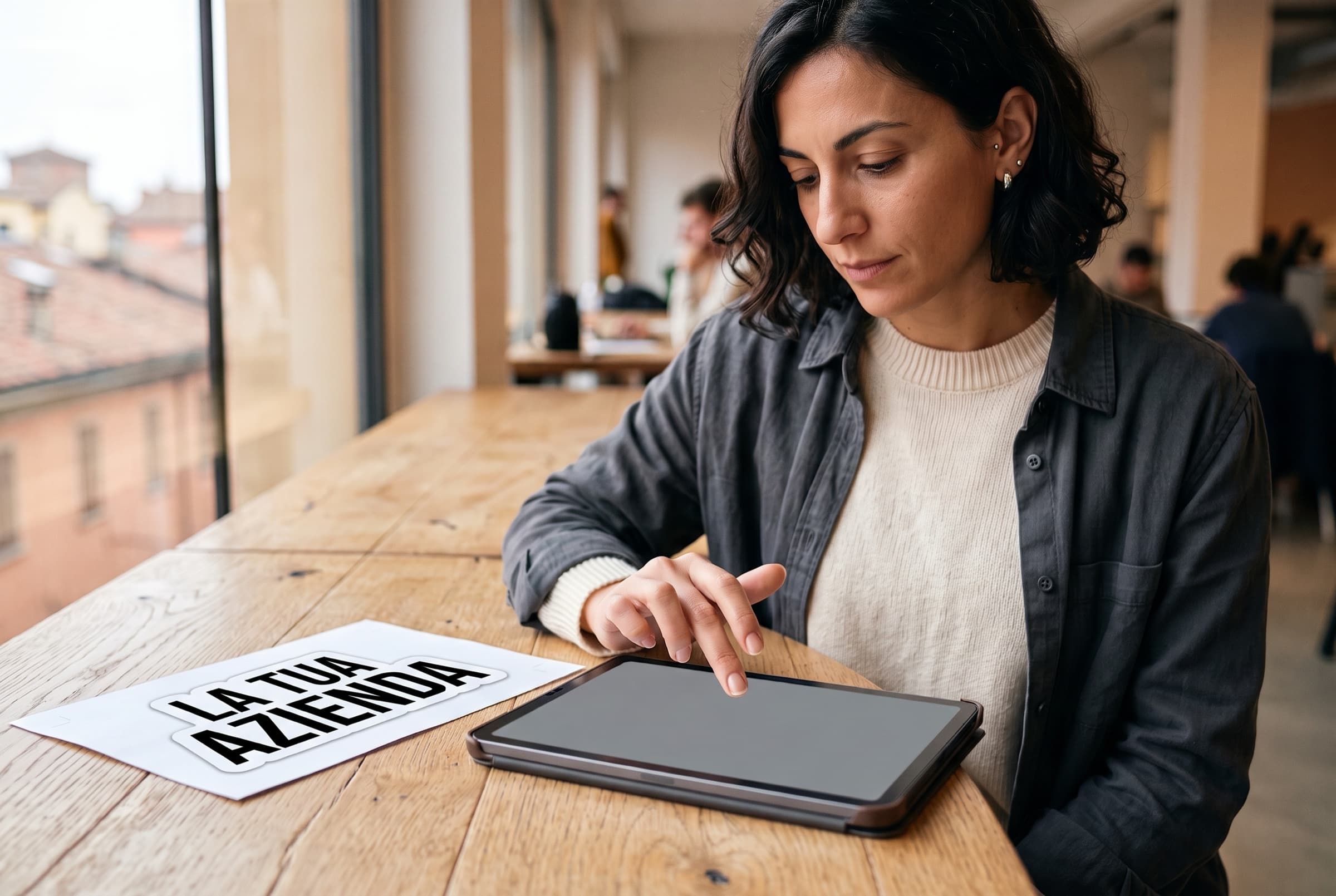 Una persona applica con precisione uno sticker sul retro di un laptop