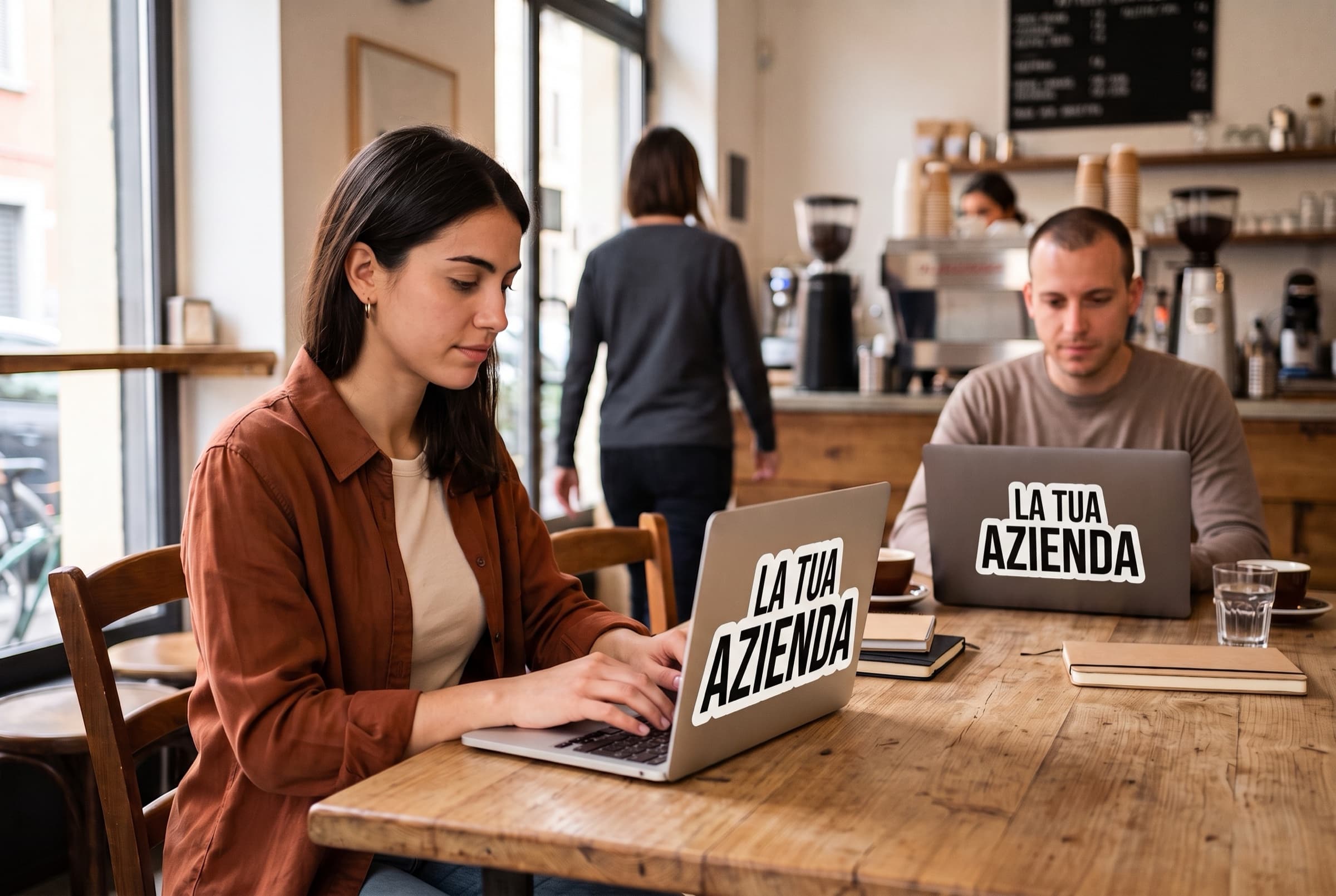 Tre persone lavorano insieme in un locale pubblico davanti a un laptop con sticker