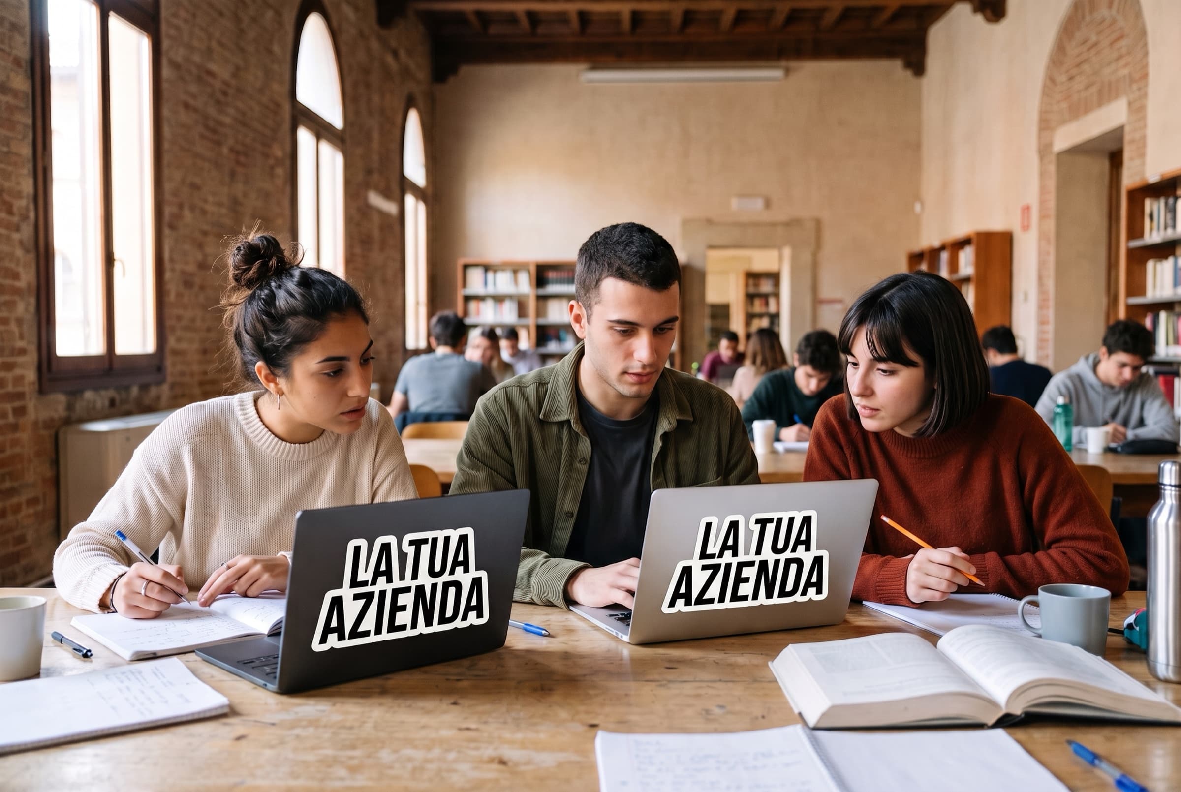 Una studentessa usa un laptop con sticker in uno spazio condiviso