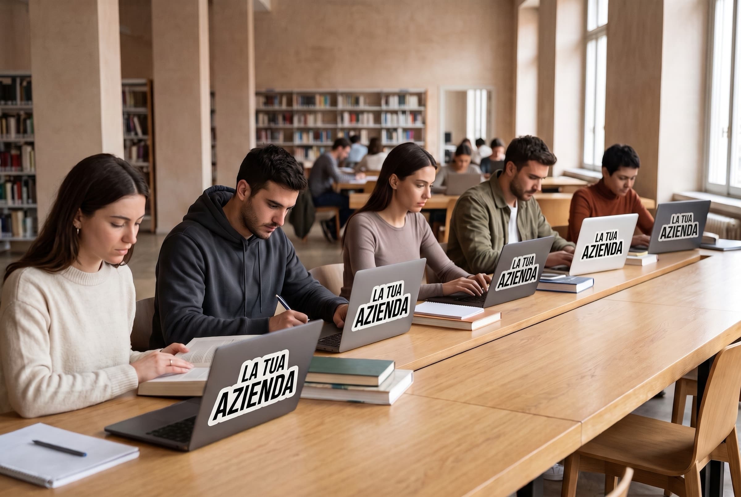 Più laptop mostrano lo stesso sticker nella stessa posizione per una presenza coordinata