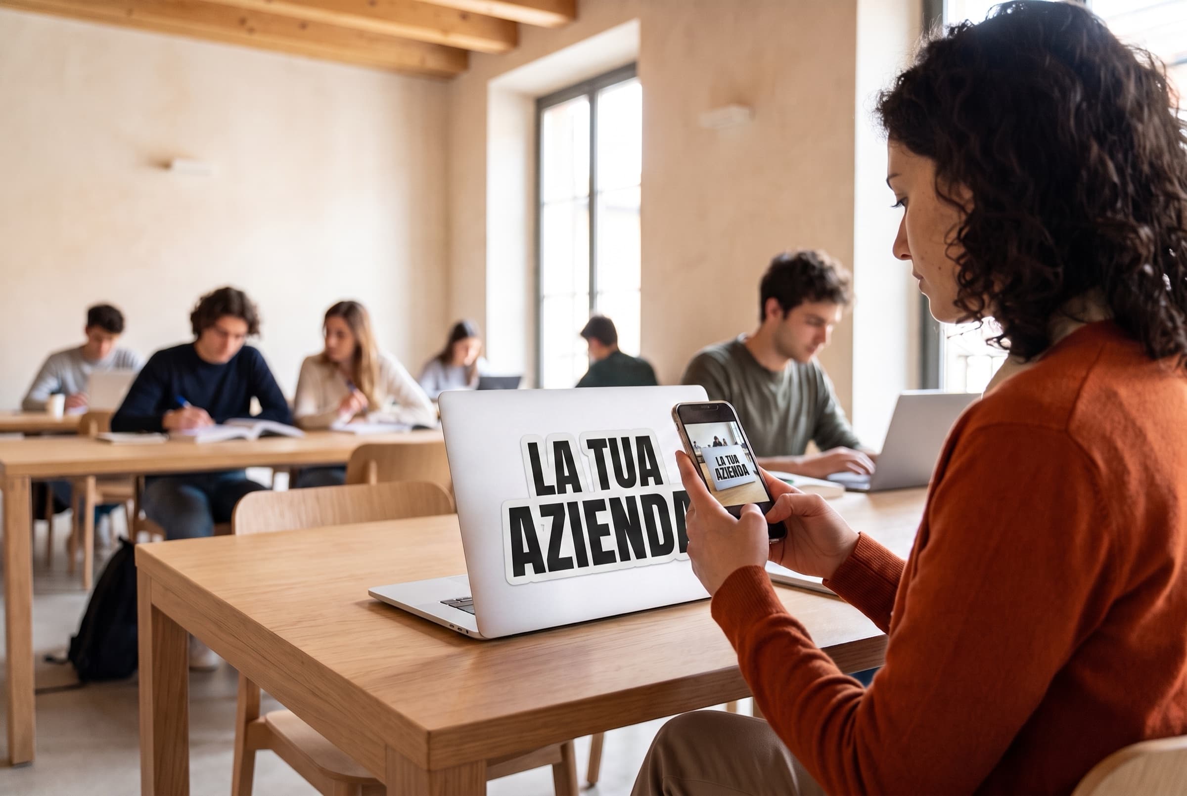 Una Host fotografa il laptop con lo sticker in un luogo pubblico per documentarne la presenza